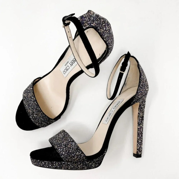 Jimmy Choo Leather Misty 120 Twilight Black Suede Glitter Sandals Heels 38.5/8.5 - Picture 3 of 14